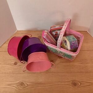 Brightly Decorated Basket & Colorful Decorative Tins